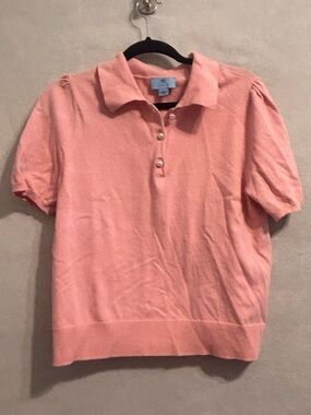 pink CeCe M short-sleeve knit polo sweater  puffed sleeves pearl buttons cottage